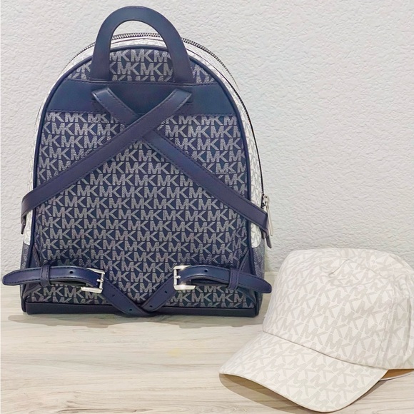 NWT Michael Kors Blue & White MK Monogram Backpack Travel Bag